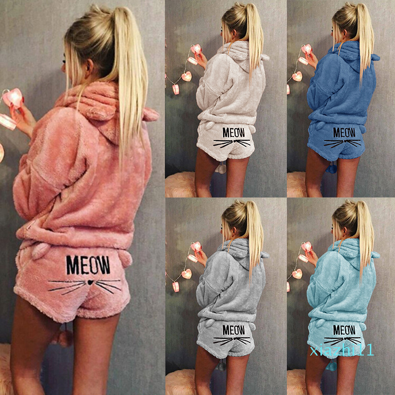 Fashion-Women Coral Velvet Suit Two Piece Autumn Winter Pajamas Warm Sleepwear Cute Cat Meow Pattern Hoodies Shorts Set 2018 New