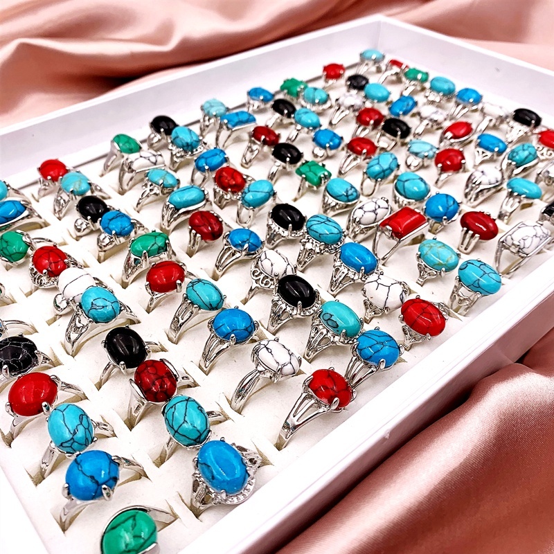 

Fashion 30 Pcs/lot Patterned Turquoise Gem pineStone band Rings Bohemian Style mixed Silvery Lovers women and men Retro Wedding Jewelry Gift