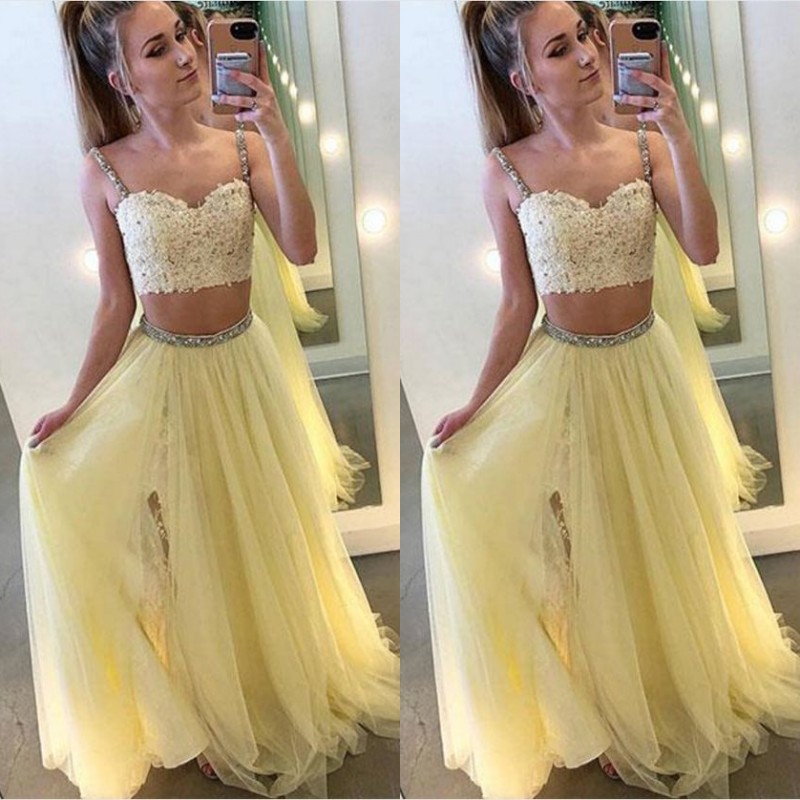 Daffodil Two Pieces Prom Dresses Sweetheart Beaded Spaghetti Straps Lace Tulle Evening Party Gowns Light Yellow Dress High Quality