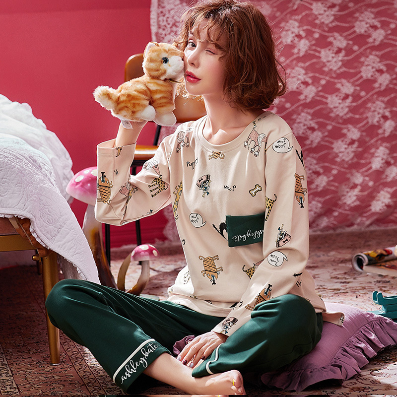 

Pajamas Suit Female Autumn and Winter Models Long-sleeved Students Korean Version of the Sweet and Lovely Simple Wind Home Servi, Beige