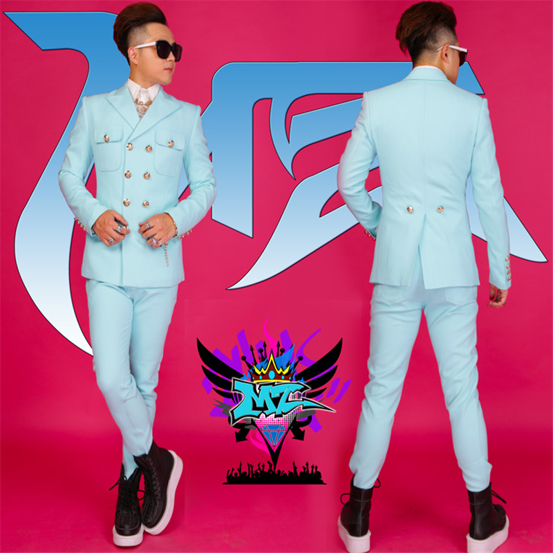 

2020 Men New custom made bar nightclub outfit male singer DJGD trendy stretch linen double-breasted suit costume Set, As pic