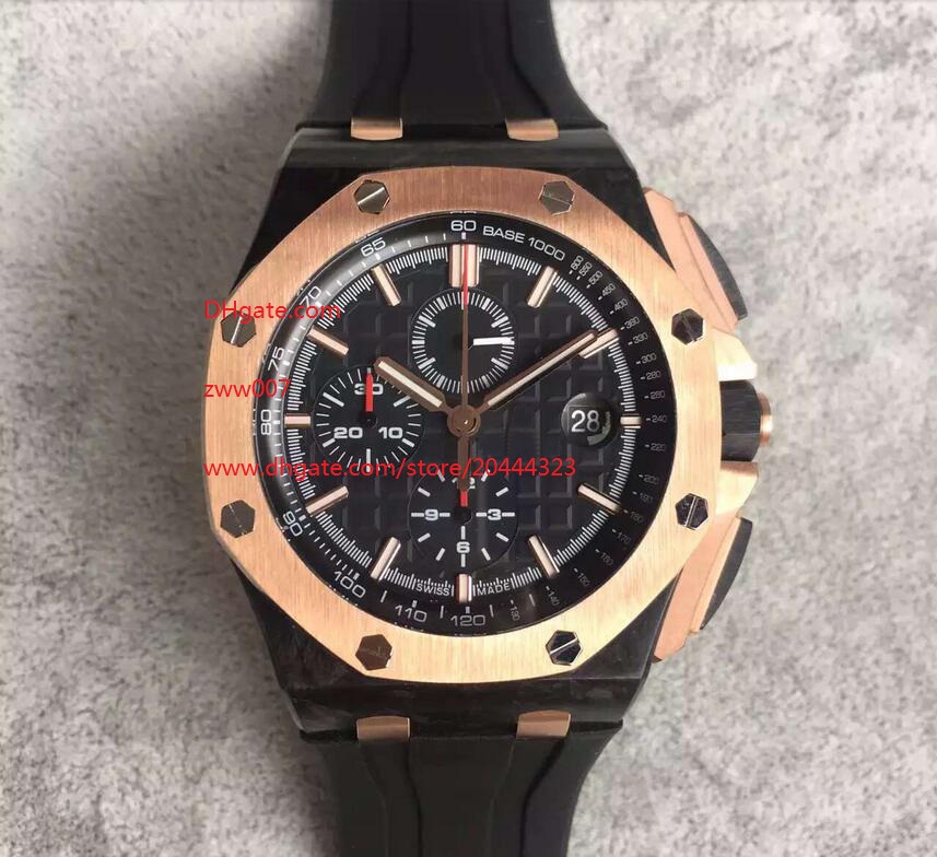 

Free Shipping Factory Supplier Top quality 44mm Quartz Chronograph Black Dial Black Rubber Belt Pink Gold Stainless Men's Watch Watches