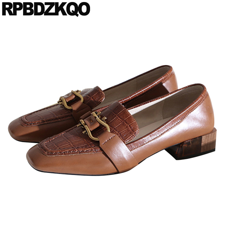 

block fashion shoes thick high quality low heels 2019 black square toe brown genuine leather women slip on pumps size 4 34