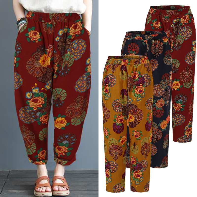 

ZANZEA 2020 Women' Printed Trousers Kaftan Harem Pants Spring Casual Elastic High Waist Long Pantalon Palazzo Turnip Plus Size, Red