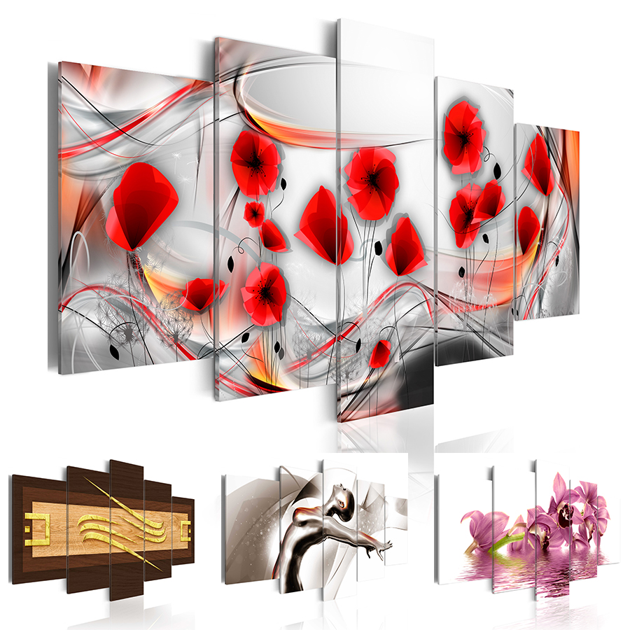 

No Frame 5 Panels Modern Canvas Prints Artwork Beautiful Poppy Flower Abstract Dancer Canvas Painting Wall Art Home Decor For Living Room Pi