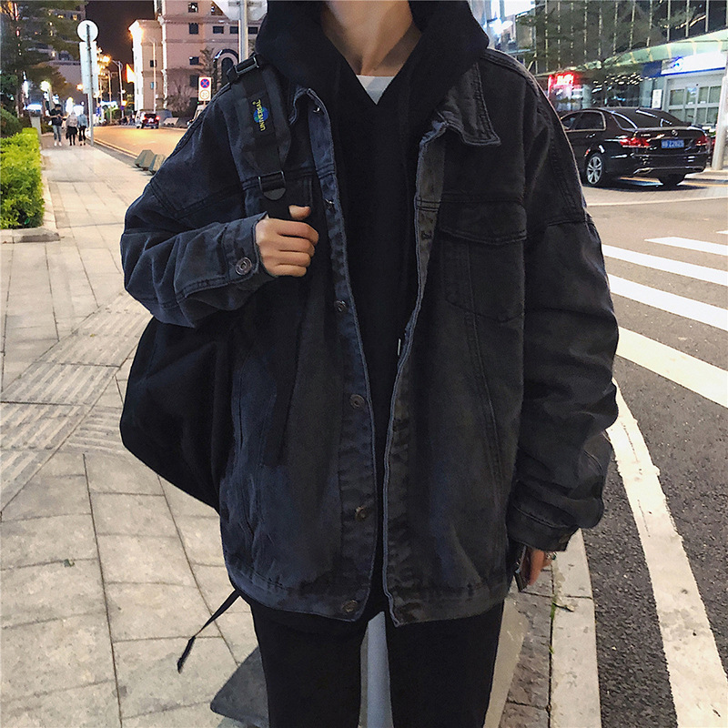 

Light blue black 2020 fashion Casual hip hop loose denim single-breasted lapel multi-pocket youth male teenager men' hem jacket