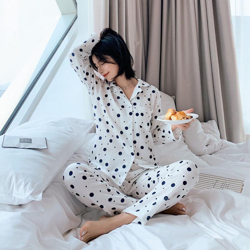 

Long Sleeved Pajamas Spring Fall Women homedress Dot Elegant Night Sleepgown DZA229