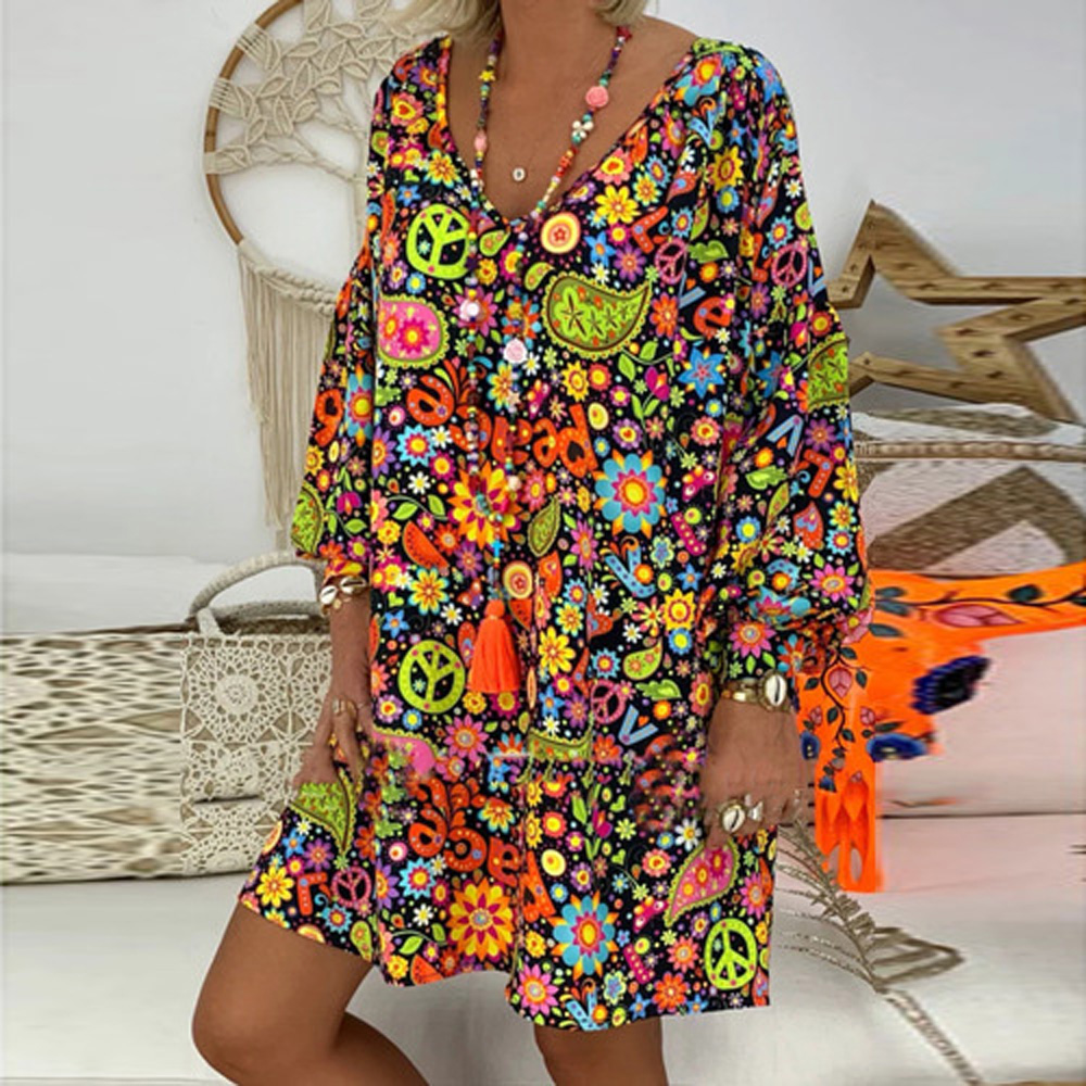 

Women's Dress Casual Loose Print Long Sleeve V-neck Fashion Sexy Bohemian Polyester Dress, White