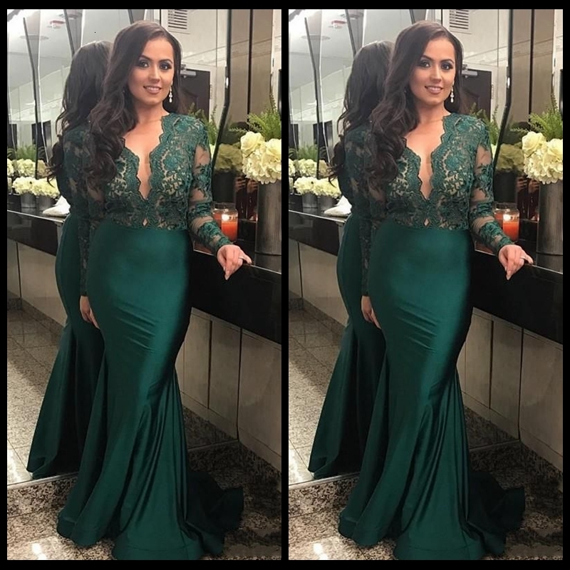 

2020 Dark Green Illusion Long Sleeves Evening Dresses With Deep V Neck Lace Mermaid Prom Dress Long Party Gowns, Lavender
