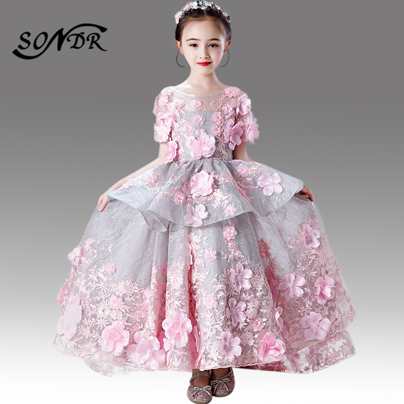

Pink Flower Girl Dresses HT091 Appliques Short Sleeve Kid Wedding Party Dress Ruffles Floor-Length Vestido Primera Comunion 2020