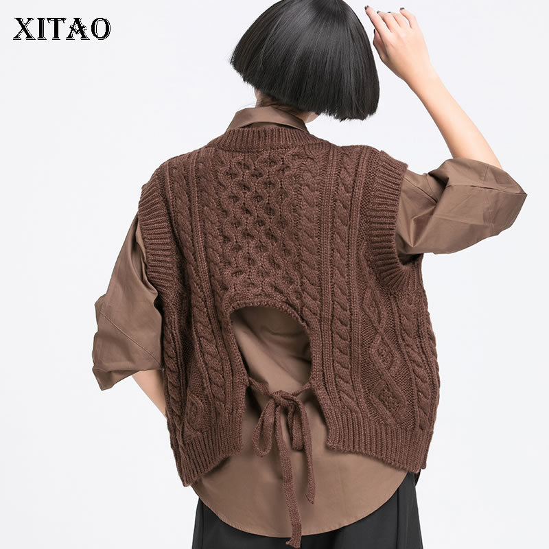 

XITAO Lace Up Hole Pullover Sweater Women 2020 Autumn Casual Fashion New Style All Match V Neck Sleeveless Sweater ZYQ4061, Brown zyq4061