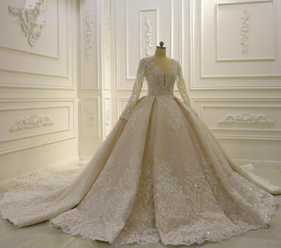 

Ball Gown Wedding Dresses Crystal Pearl Beaded V Neck Long Sleeve Sweep Train Bridal Gowns Custom Made Wedding Gown, Ivory
