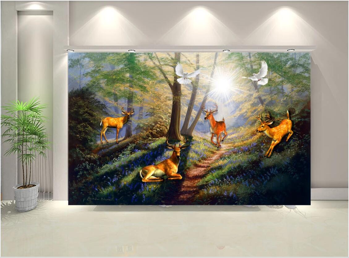 

3d room wallpaper on a wall custom photo mural Beautiful simple leisure green forest moose scenery tooling wallpaper for walls 3 d, Non-woven fabric