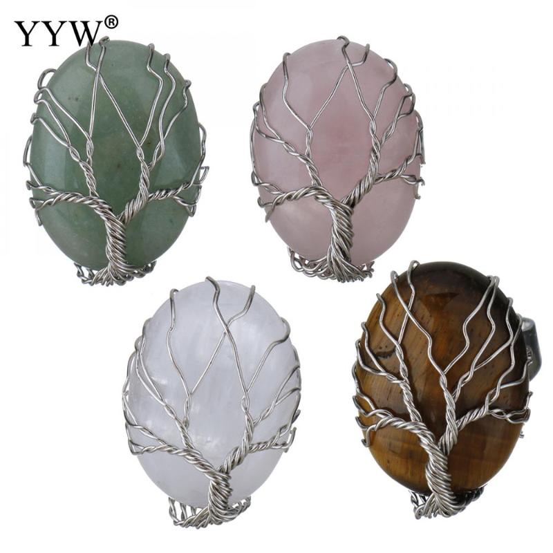 

Natural Stone Egg Shape Cabochon Ring Silver Color Reiki Tree of Life Wire Wrap Finger Rings Size Adjustable for Women Men Gift