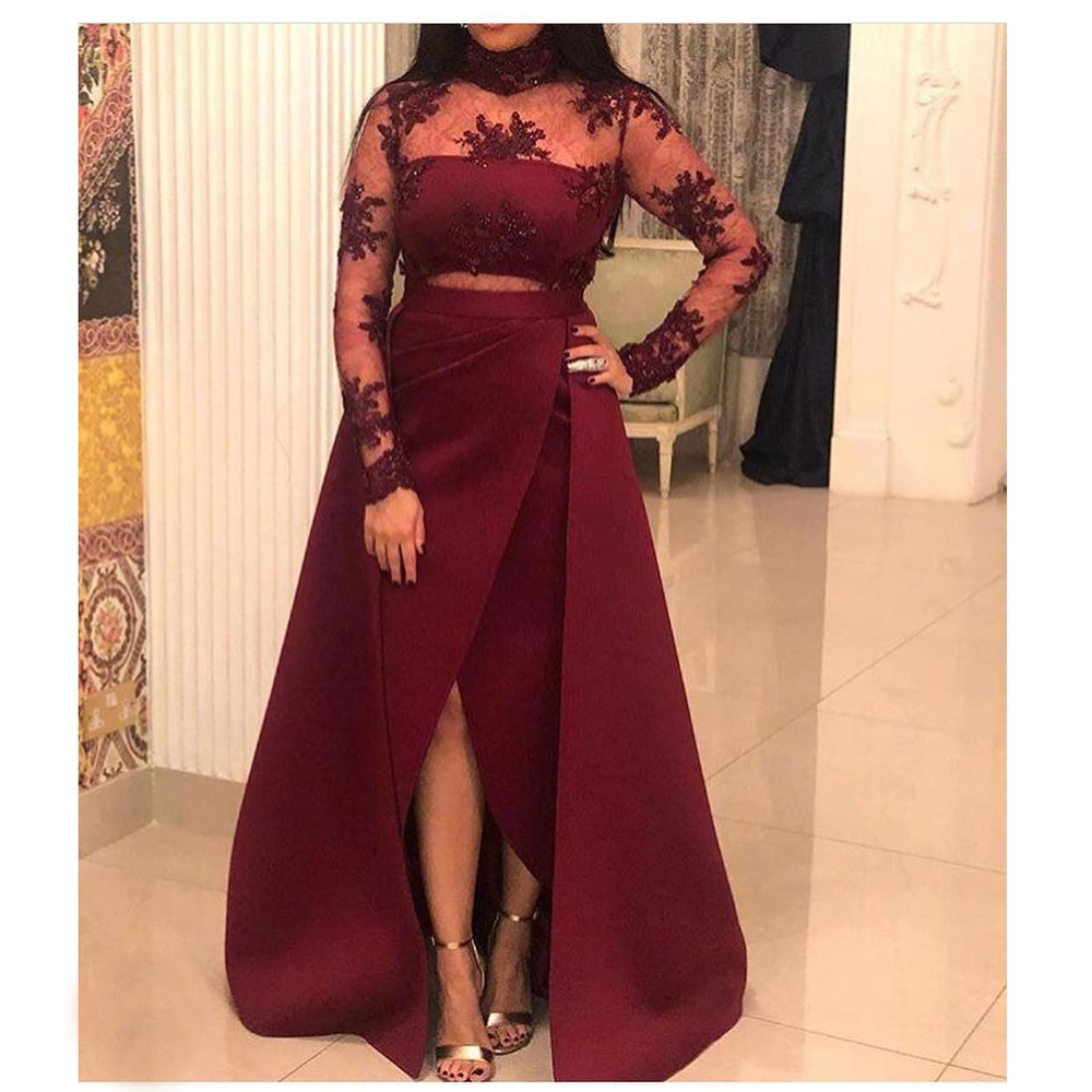 

Long Sleeves Evening Dress High Neck Illusion Lace Satin Slits Plus Size A-Line Long Prom Dresses Dubai Arabic Formal Party Gown, Black