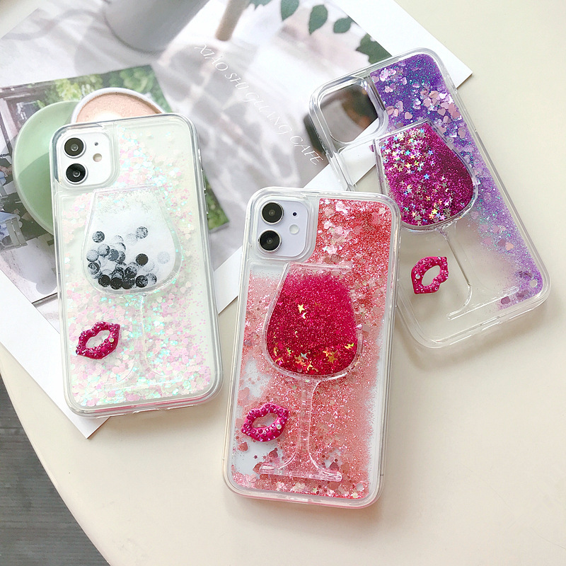 

Glittering flow sequins liquid 3D wine cup durable cover case for iphone 11 pro X XS max XR 6 7 8 plus