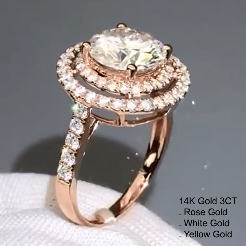 

Cluster Rings 14K Rose Gold 3 Moissanite Diamond Ring Women Round 2 Laps Wedding Party Engagement Anniversary Ct D Color