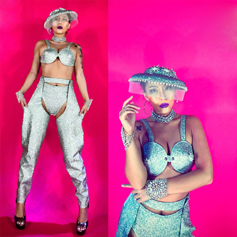 

2019 sexy lady singer Bikini costume silver dance wear bar dj clothes stage costume sets women dancers singer stage show, Photo color