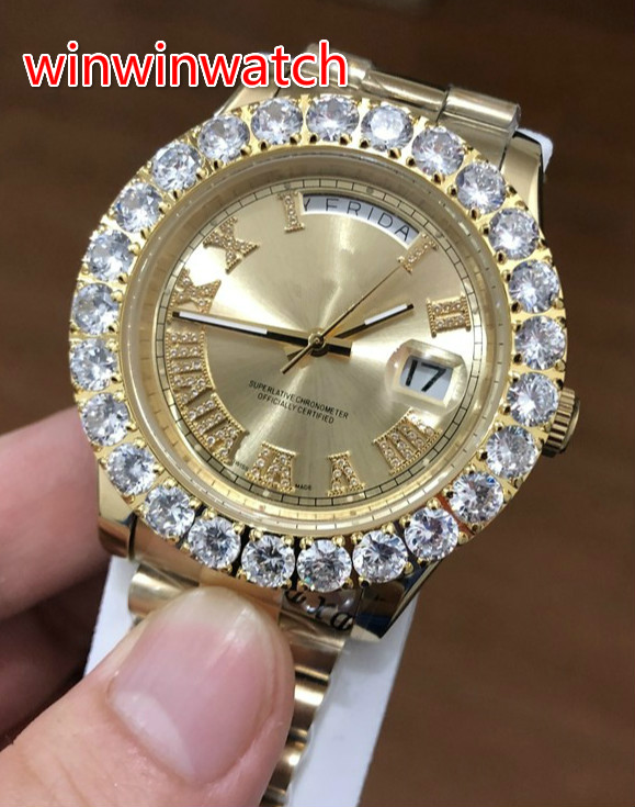

43MM big diamond automatic men's watches TOP quality golden stainless steel yellow gold dial fashion Diamond Watch free shipping
