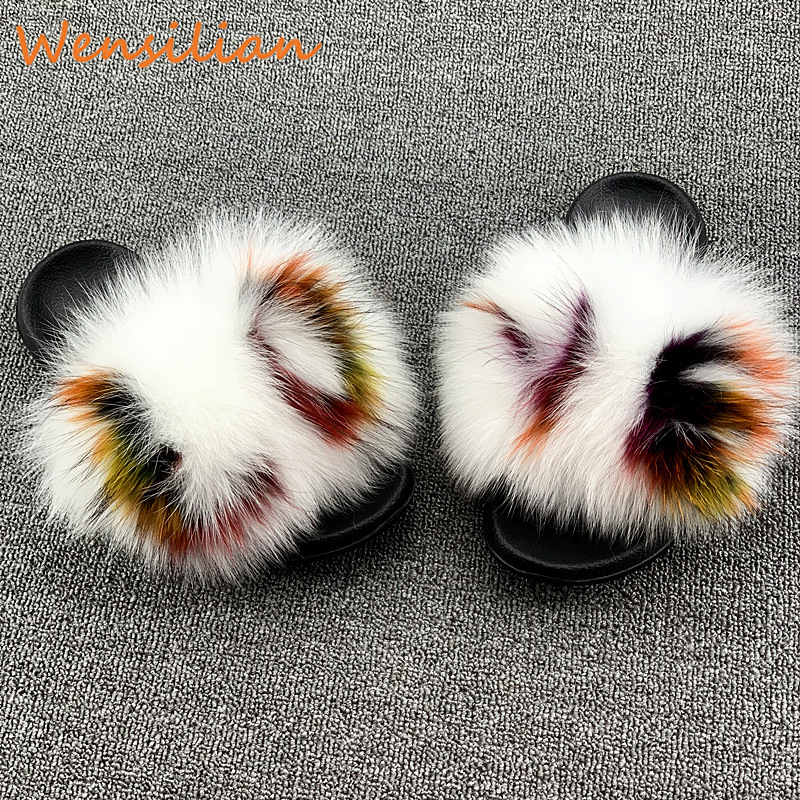 

Raccoon Women Furry Fur Slides Indoor Home Slippers Woman Fluffy Flip Flops Ladies Real Fur Home Shoes Female Sandals 2020, Black