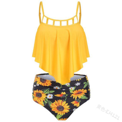 

Women Bikini Womens Trendy Swimsuits Girls Sunflower Print High Waist Bikinis Ladys Sexy Swimwear 2020 New Summer Styles Lotus Leaf Swimsuit, Yellow