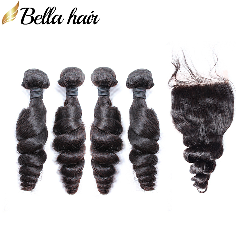 

Bellahair Brazilian Hair Bundles With Closure Loose Wave Human Extensions 100% Unprocessed Virgin Hair Weave 4 Add 1 Lace Closures 4x4, Natural color