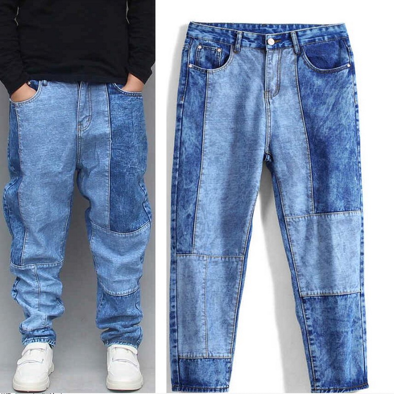 

2020 Men Jeans Loose Trendy Harem Pants Loose Skateboard Pants Street Denim Men's Casual Patchwork Jeans, Blue