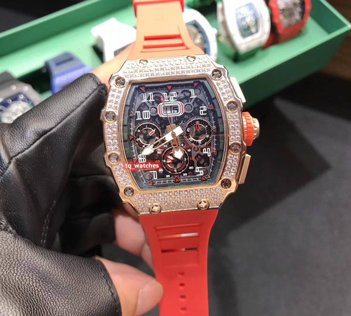 

New Craft Boutique Men's Wristwatch Side Full Diamond Watch Rose Gold Stainless Steel Diamond Case Watch Automatic Mechanical Sports Watches, Black strap