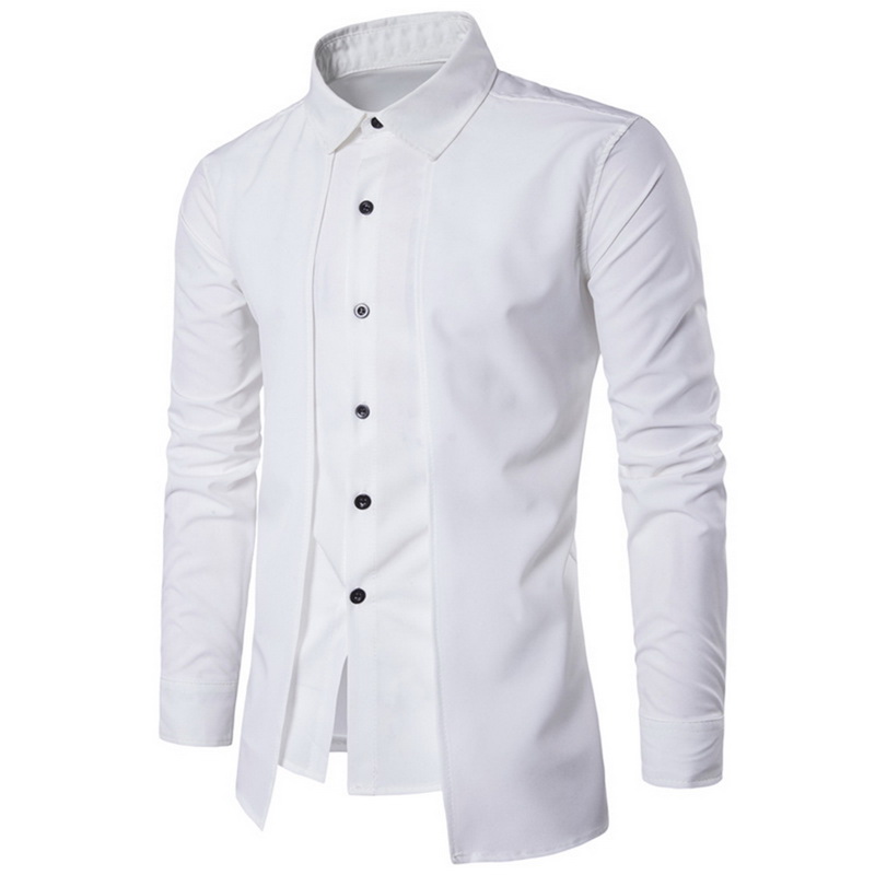 

men shirt New False Two Pieces Solid Color Causal Slim Fit Single Breasted Shirts shirts men dress Long Sleeve Business, Black