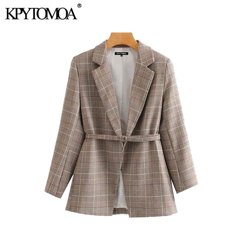 

Vintage Stylish Office Wear Plaid Blazer Coat Women 2020 Fashion Long Sleeve With Belt Female Outerwear Chic Tops, As picture