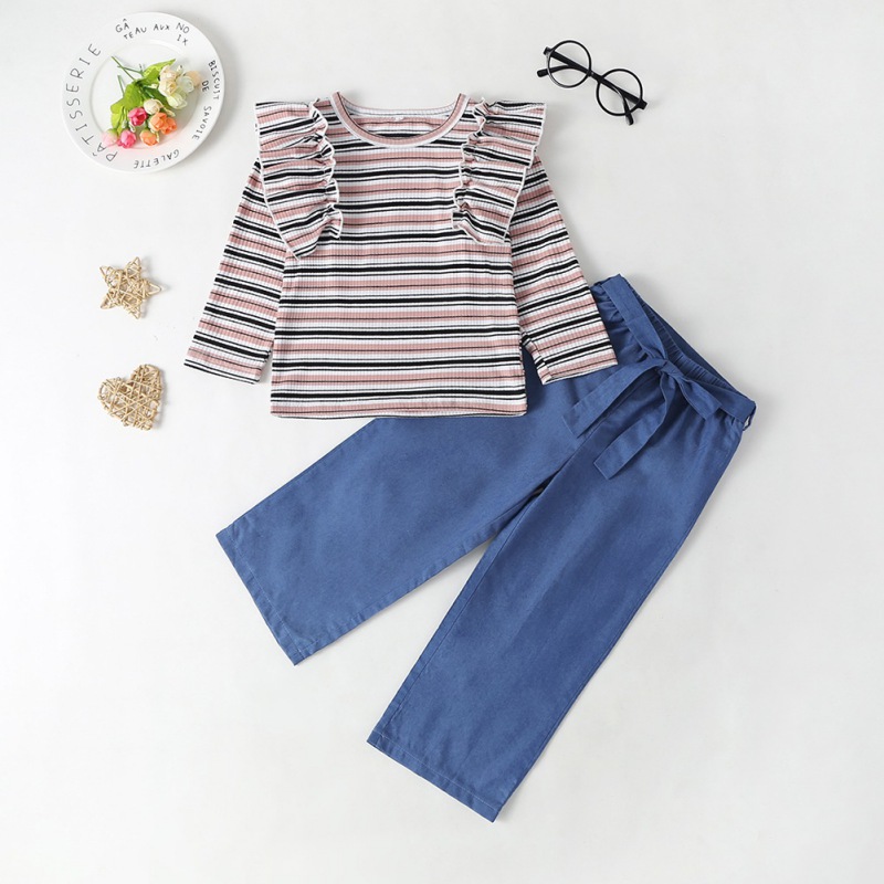 

Hot Sale Children Outfits Toddler girls Clothes Kids Clothes Long Sleeve Striped T-shirt+Blue Pants Outfits Girls Clothing 1-6T, As pic