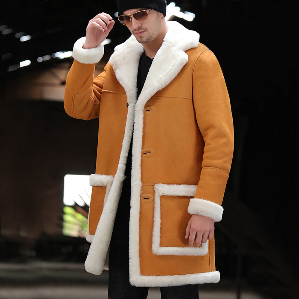 

2019 New Thicken Sheepskin Fur Shearling Coat Yellow Winter Medium Long Real Fur Coat Men Warm Genuine Leather Suedue Jackets, Brown