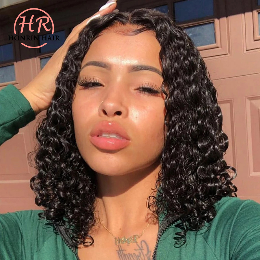 

Honrin Hair Lace Front Wig Short Bob Curly Brazilian Virgin Human Hair Deep Curl Pre Plucked Hairline 150% Density, Natural color