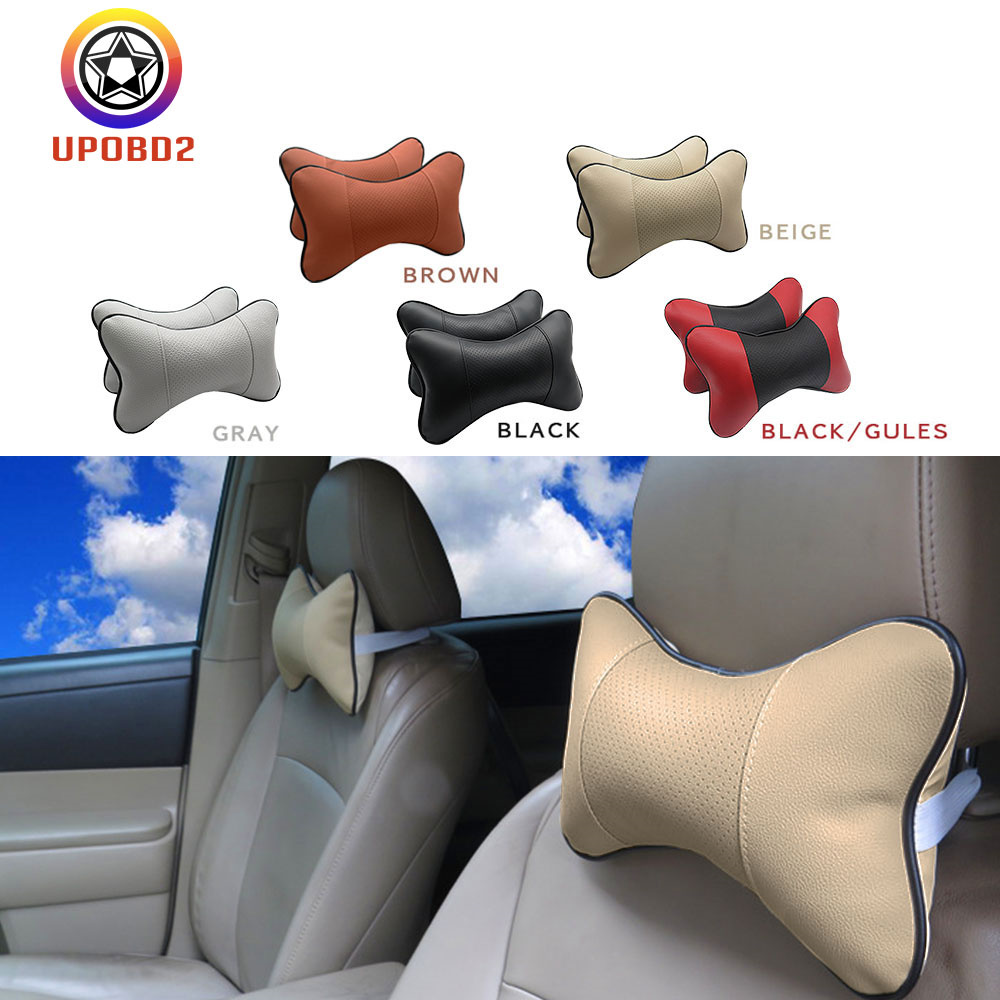 2pc Car Headrest Neck Pillow Ice Silk Leather Auto Seat Neck Pillow Cushion Pads