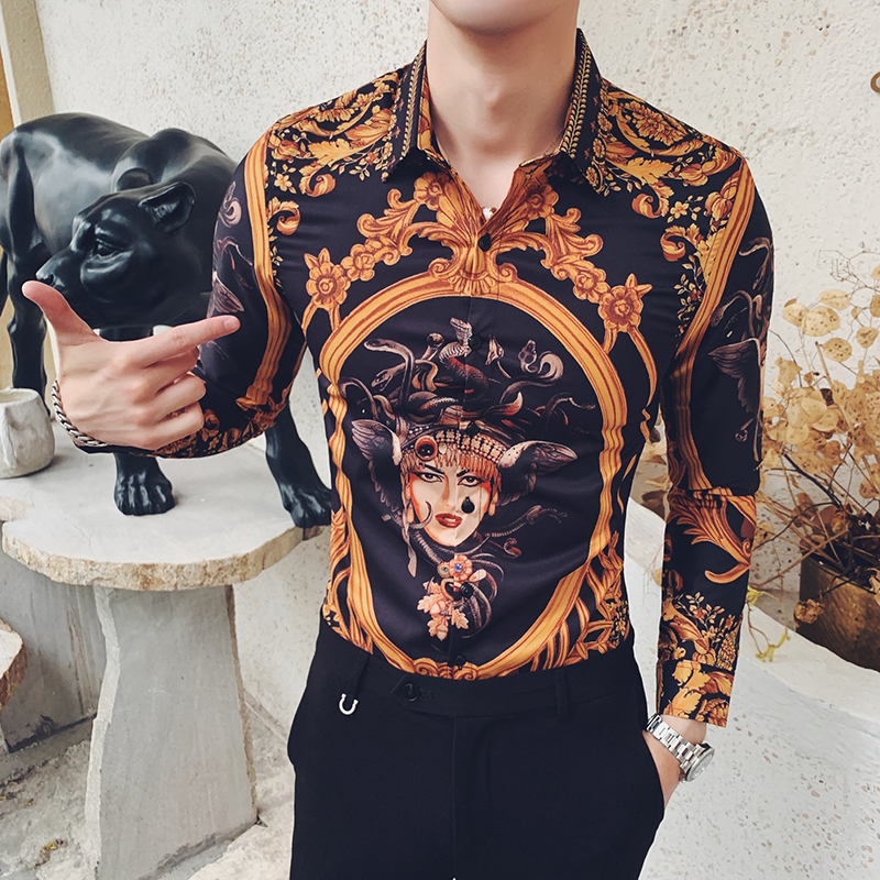 

European Station Fall 2019 New Men's Personality Printed Sleeve Shirt men C103-P58, As pic