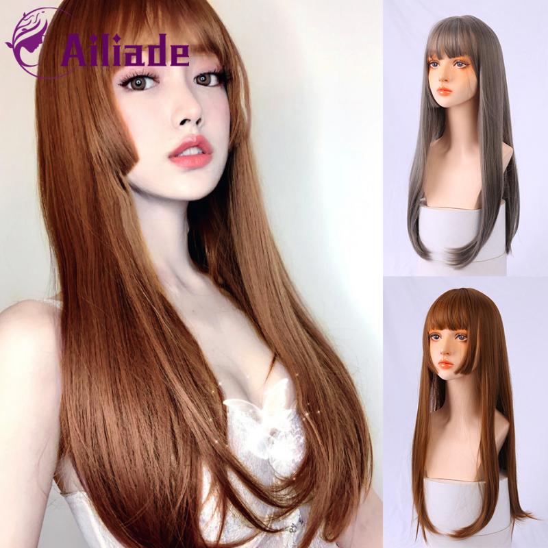 

AILIADE Synthetic Long Straight Wigs with Bangs for Women African American Natural Daily Cosplay Party False Brown Gray Hair Wig, Dl-037-tangguozong