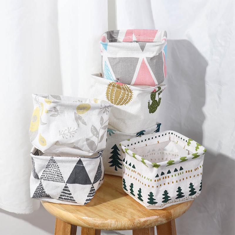 

Foldable Sundries Storage Basket Cute Printing Cosmetics Container Multifunction Cotton Linen Storage Basket Desktop Organizer