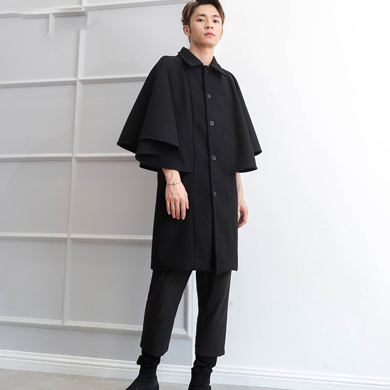 

Long section autumn and winter vests loose cloak woolen coat coat sleeveless fake 2 bat shirt shawl tide male, Black