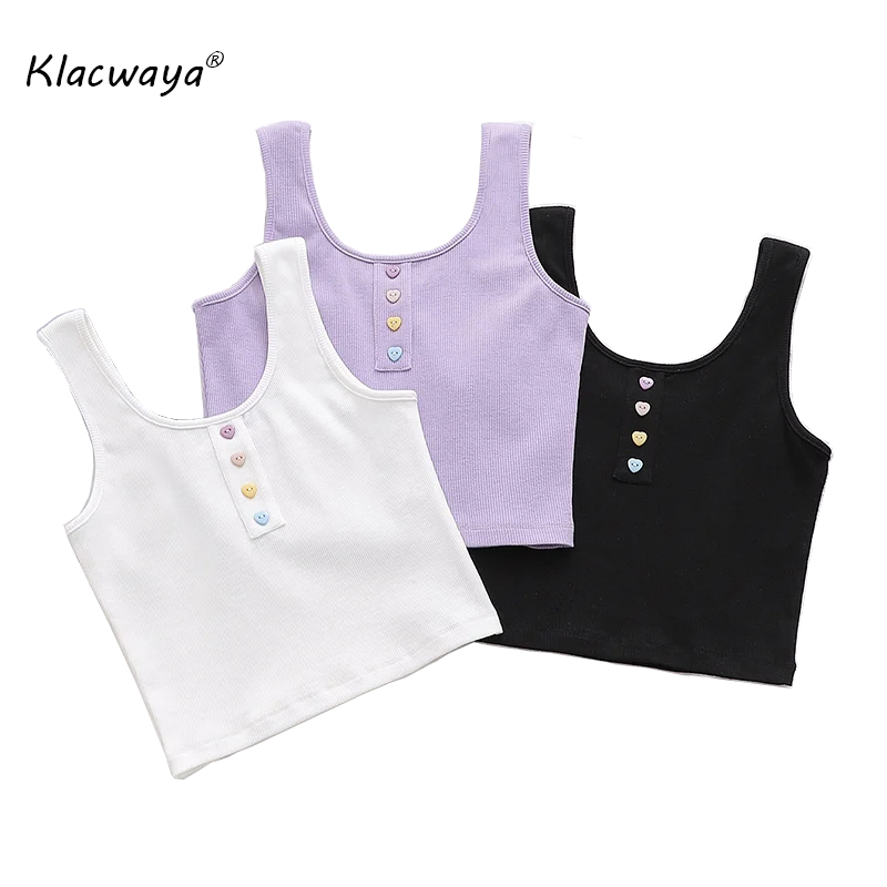 

Klacwaya Women Sexy White Camis Crop Top O Veck Strap Sleeveless Heart Buttons Sweet Lady Backless Short Shirts Female Chic Tops, Black
