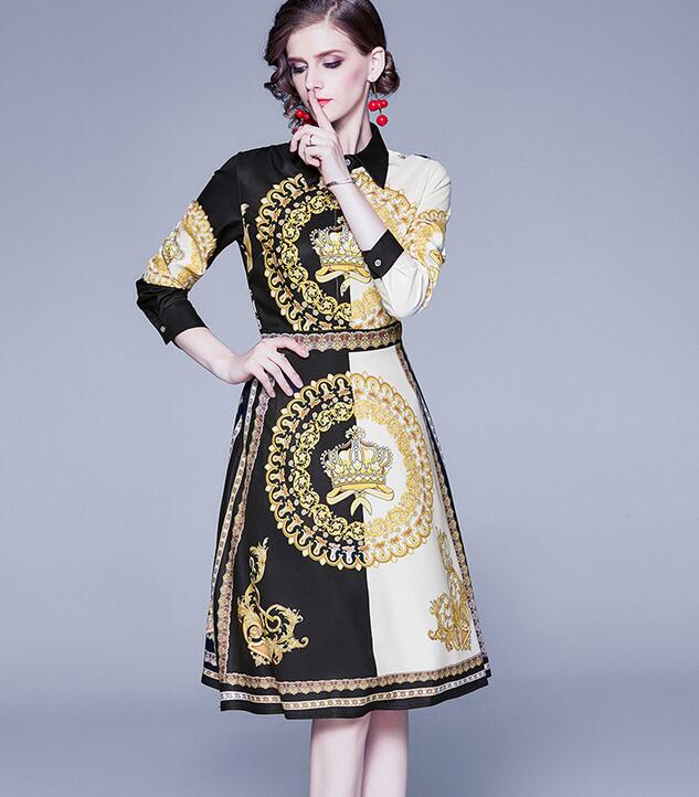

Women's Spring street style dresses 2020 Spring Lapel Collar Colorblock Printed Long Sleeve Slim Long skirts Dress, Multi