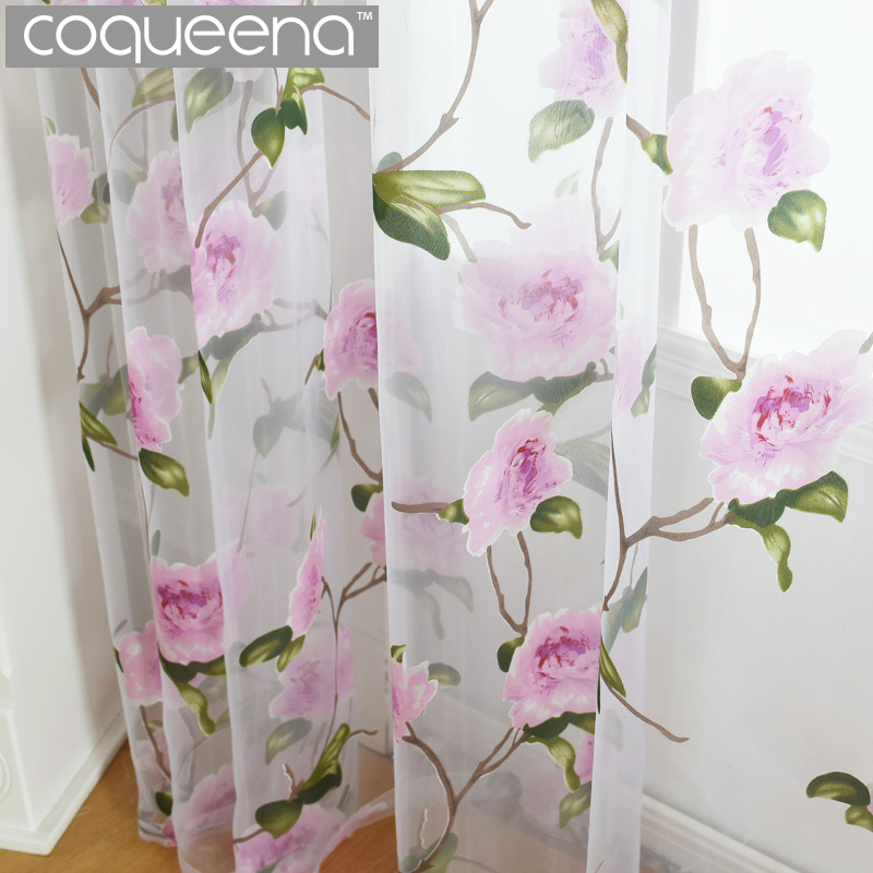 

Pink Flowers Pattern Decorative Sheer Voile Tulle Curtains for Living Room Bedroom Kitchen Door Window Country Style, 1 PCS, As pic