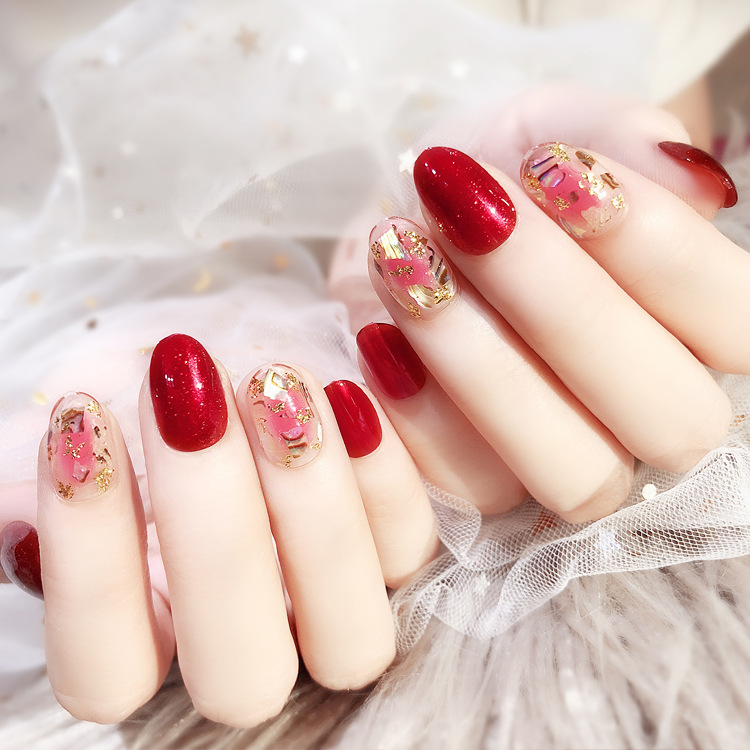 

24 pcs Full Cover False Nails with Gold Foil Designs Artificial Fake Nails Press on Short Natural Tips, L38