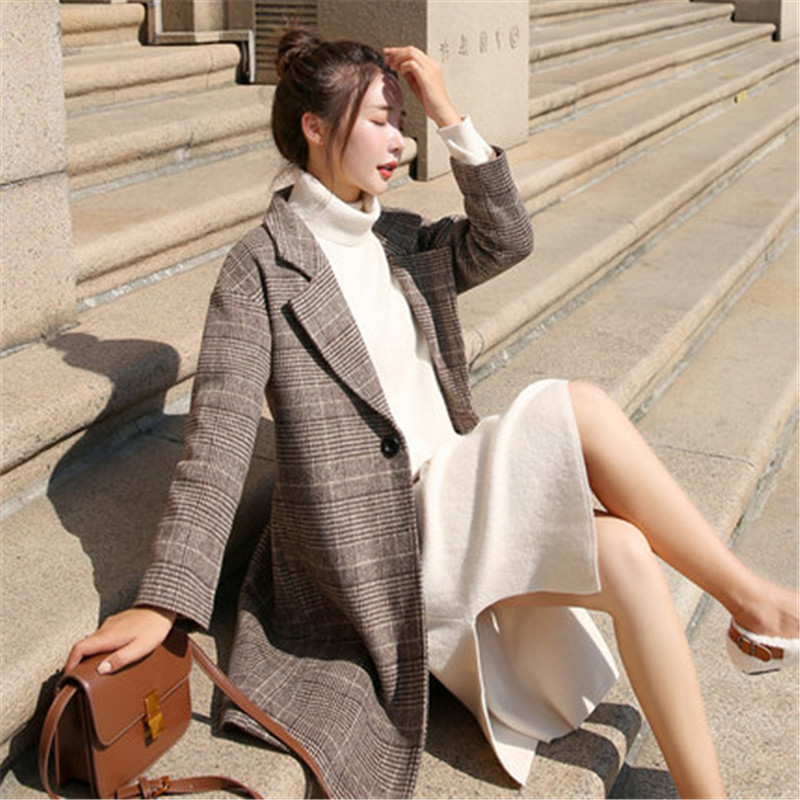 

Fashion Lapel Plaid Woolen Coat Female 2019 Autumn Winter Thick Wool Jackets Women Coats Long Overcoats N1027, Coffe
