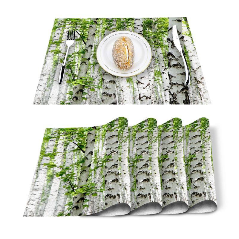 

4/6 Pcs Placemat Table Mat White Birch Printed For Tables Heat-insulation Linen Cotton Kitchen Dining Pads Placemats Set