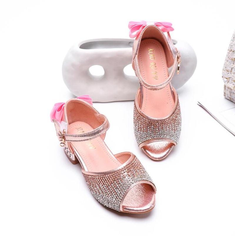 

SKHEK Princess Summer Kids Leather Shoes For Girls Flower Casual Glitter Children High Heel Performance DanceShoes Knot Sandals, Pink