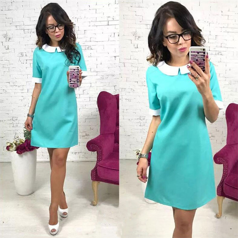 

Solid Short Sleeve Peter Pan Collar Mini Dress Short Casual Straight Dresses Ladies Fashion Party Club Dress Summer High Quality, Blue