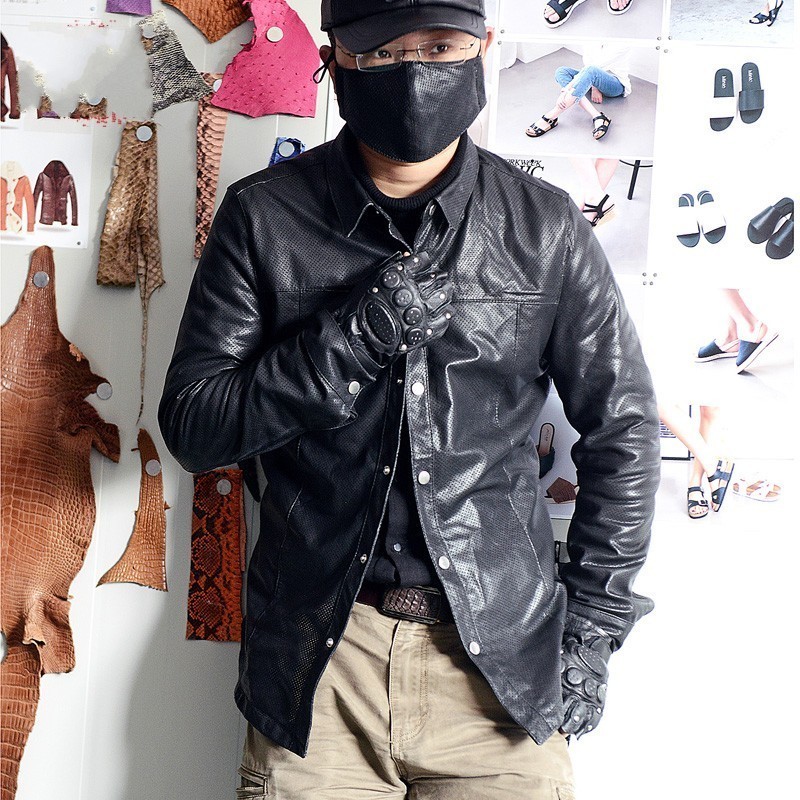 

Luxury Men Genuine Shirt Designer Hollow Out Sheepskin Leather Jacket Casual Long Sleeve Single Breasted Shirts Big Size, Hollowout