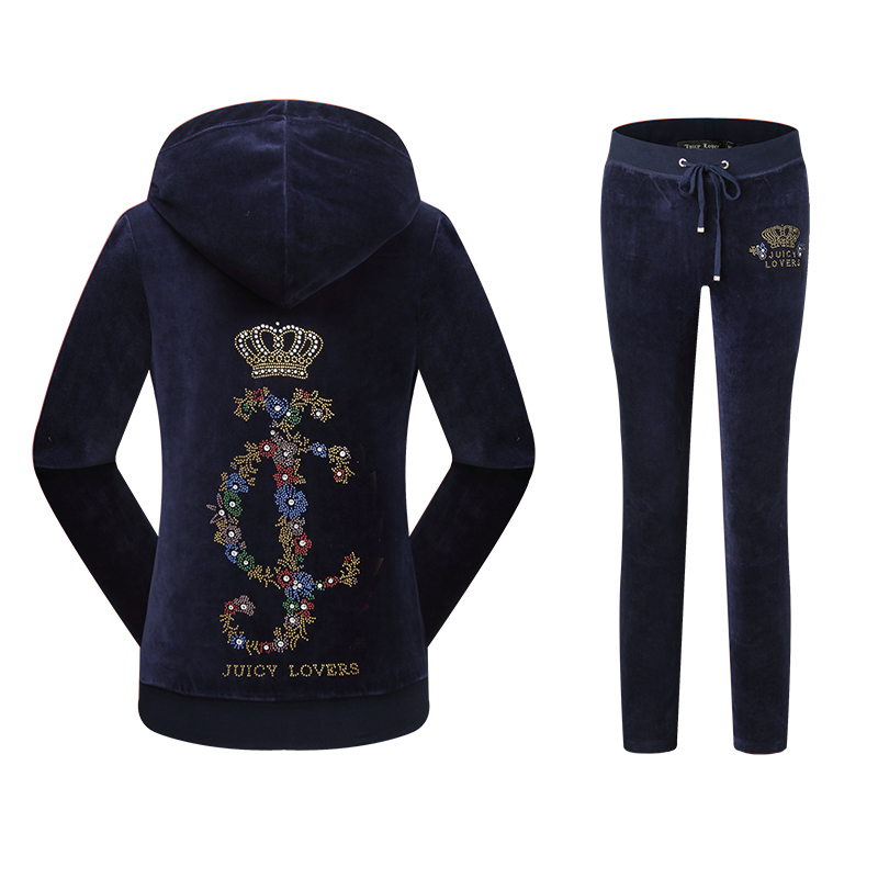 

Juicy Lover Brand Spring Autumn Sporting Suits Set Blue Black Green Velvet Women Casual Tracksuits Hooded Collar Sportswear suit, Gray