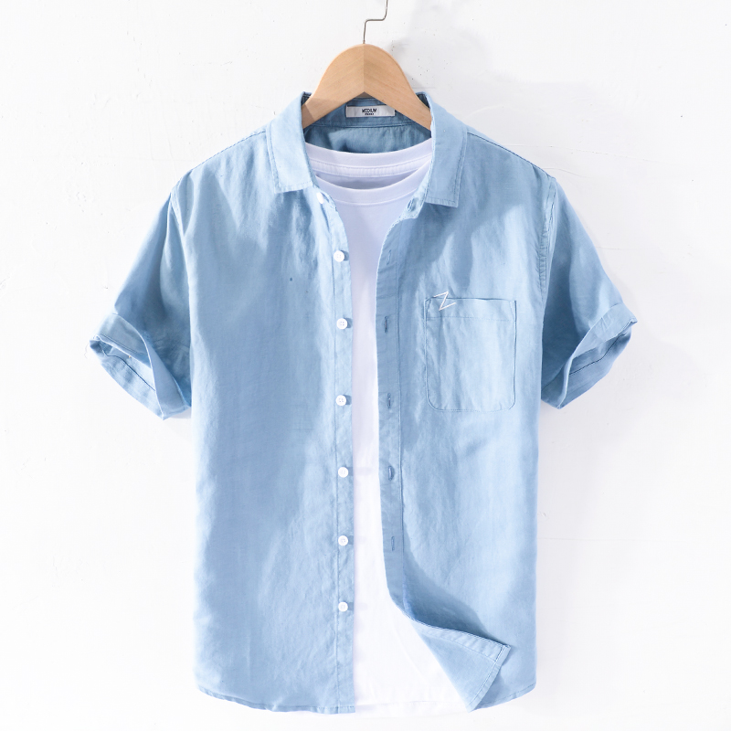 

Cotton and linen summer shirt men short-sleeved stand collar shirts for men fashion casual shirt mens solid overhemd camiseta, Blue