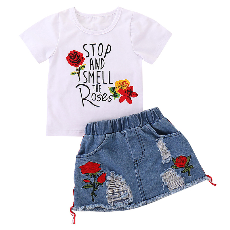 

Rose Printed Baby Girl Clothing Sets Cotton Short Sleeve T Shirt with Ripped Jean Two Piece Skirt Set Casual Summer Outfits 19052302, As picture
